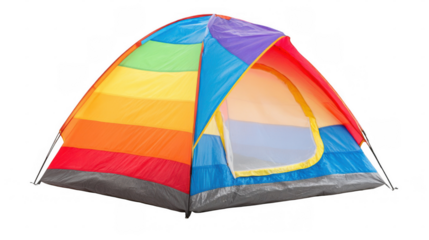 Brightly colored camping tent featuring a vibrant rainbow pattern, standing open on a transparent background, inviting outdoor adventures and memorable family experiences in nature