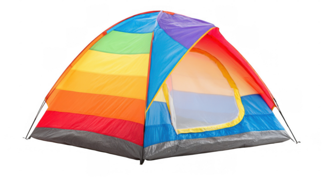 Brightly colored camping tent featuring a vibrant rainbow pattern, standing open on a transparent background, inviting outdoor adventures and memorable family experiences in nature - Powered by Adobe