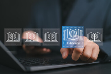 E-library concept. Woman use smartphone and hand touch with virtual Ebook icons for electronic...