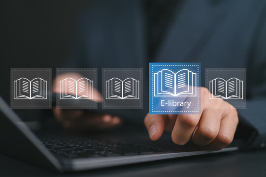 E-library concept. Woman use smartphone and hand touch with virtual Ebook icons for electronic books online, knowledge base on internet, digital library or e-library.