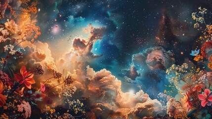 Fototapeta premium Cosmic Garden Blooming in Deep Space – Surreal Floral Nebula Art..