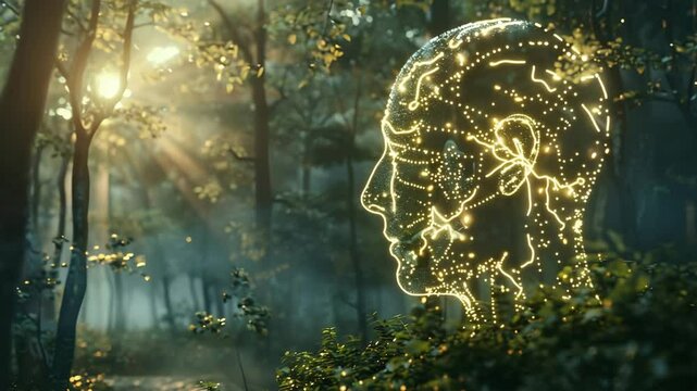 Glowing neural head shines in peaceful forest scenery. Glowing neural head connects technology with nature. Glowing neural head reflects brain activity, harmony, and digital intelligence in sunlight.