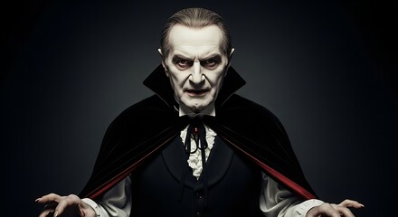 A stern-faced vampire in a dark cloak, intense gaze, vintage style.