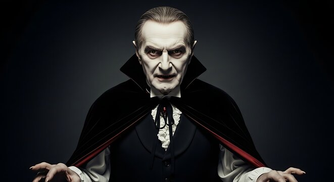 A stern-faced vampire in a dark cloak, intense gaze, vintage style.