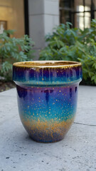 Vibrant handcrafted ceramic pot showcasing a galaxy-inspired design in a garden setting during daylight