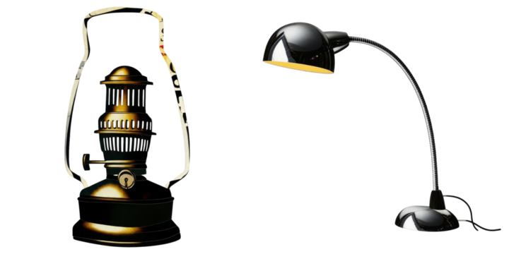 PNG Vintage lantern and desk lamp stand on a transparent background.