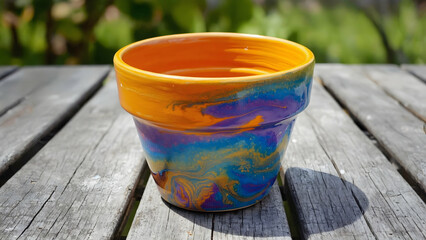 Colorful ceramic pot resting on rustic wooden surface in natural light, showcasing artistic swirl patterns