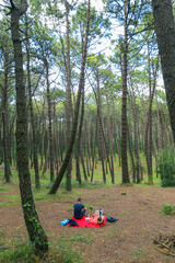 Two men in the forest resting and enjoying nature. Lying on a red blanket, reading, eating, and chatting