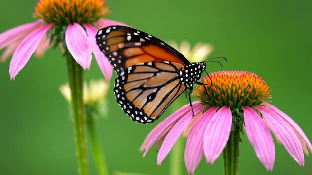 Monarch butterfly resting on pink echinacea flowers in spring  