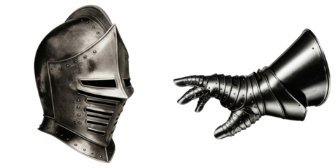 PNG Silver knight helmet and gauntlet stand side by side.