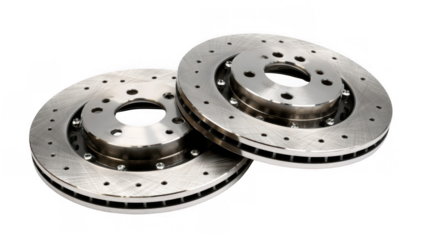 Two new cross drilled brake rotors are displayed, showcasing their metallic finish and intricate design, isolated on a transparent background, ready for integration into automotive projects