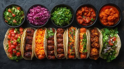 Tacos with meatballs vegetables and sauces on a black surface international street food food background