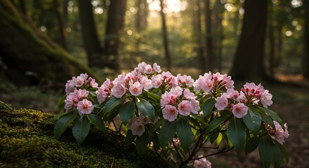 Fototapeta premium Pink Azaleas Blooming in Shaded Forest Garden