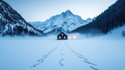 Serene snowy landscape features cabin surrounded by mountains, with soft lights glowing warmly