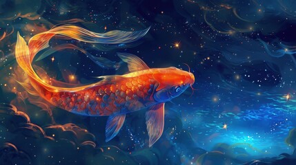 Neon Koi Fish Swimming Through the Sky – Surreal Fantasy Landscape in 16:9..