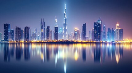 Fototapeta premium Night cityscape skyline reflected in calm water.