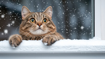 Curious cat gazes out window, captivated by falling snowflakes