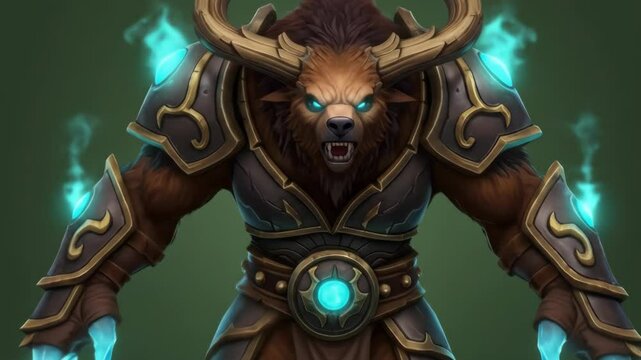 Minotaur with Glowing Chest and Dual Energy Horns in Battle Stance