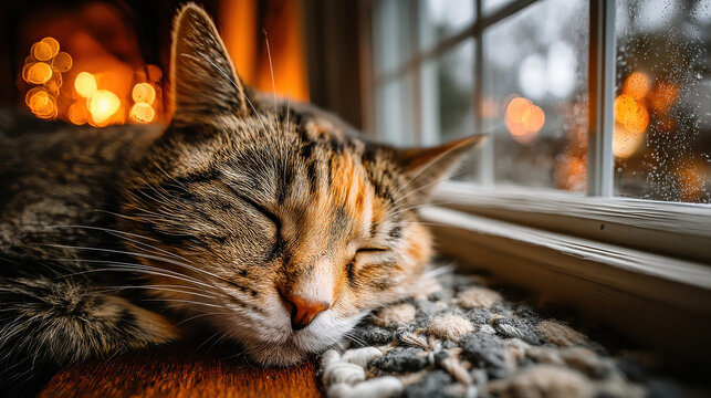 Cozy cat sleeping peacefully by window, with warm lights glowing in background