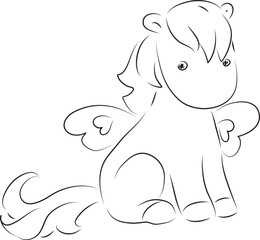 little cute pony with butterfly wings sitting, curved lines drawn by hand with a black brush