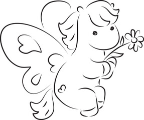 flying little cute pony with butterfly wings holding flower, curved lines drawn by hand with a black brush