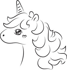 head of cute little unicorn with wavy beautiful mane, side view, curved lines drawn by hand with a black brush