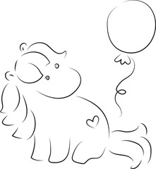 cute little pony sits and looks at a balloon flying nearby, curved lines drawn by hand with a black brush