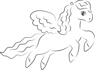 flying cute little pegasus pony with wavy mane looking at camera, side view, curved lines hand drawn with black brush