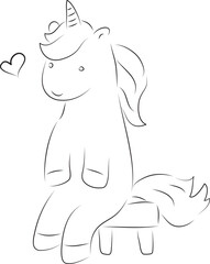 cute little unicorn sits on a stool, heart flies nearby, curved lines drawn by hand with a black brush