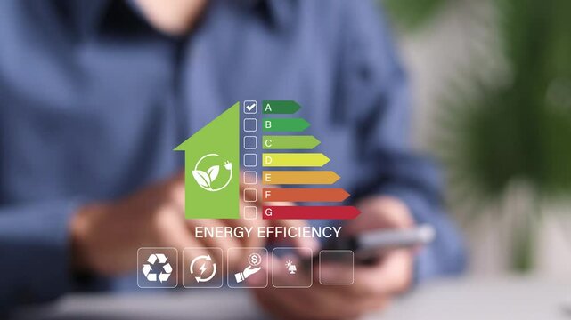 Energy efficiency Improvement concept, Eco-friendly homes for sustainable development. Person using smartphone to energy efficiency rating assessment.