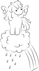 cute little pegasus standing on rain cloud with rainbow front view, curved lines drawn by hand with a black brush