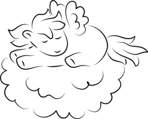 cute little pegasus lying and sleeping on a cloud, curved lines drawn by hand with a black brush
