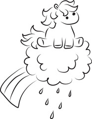 cute little horse with tousled mane funny sitting on rain cloud with rainbow, curved lines drawn by hand with a black brush