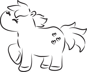 cute little happy pony with little hearts on her rump, side view, curved lines drawn by hand with a black brush