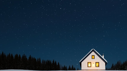 Cozy cottage glowing warmly under starry night sky, surrounded by snow covered trees