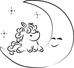 cute little unicorn with wavy curly mane funny looks at smiling big moon and sits on it, curved lines drawn by hand with a black brush