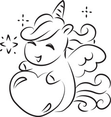 cute happy little pegasus unicorn with wavy beautiful mane smiling and holding big heart, curved lines drawn by hand with a black brush
