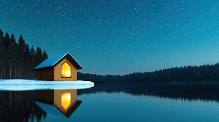 Cozy cottage glowing warmly by snowy lake under starry night sky