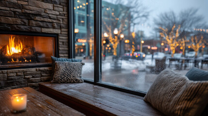 Cozy cafe interior with fireplace, window view, and winter ambiance creates warm atmosphere