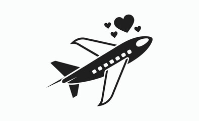 Airplane heart path, travel love symbol, flight route icon