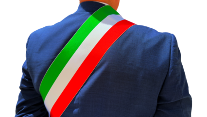 Rear View of Italian Mayor with Tricolor Sash on Blue Suit Isolated on Transparent Background