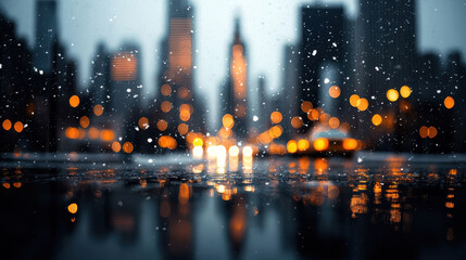 Modern city street at night with blurred lights and falling snow creates serene atmosphere