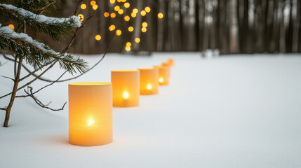 Soft glowing lanterns illuminate snowy forest trail, creating serene winter atmosphere
