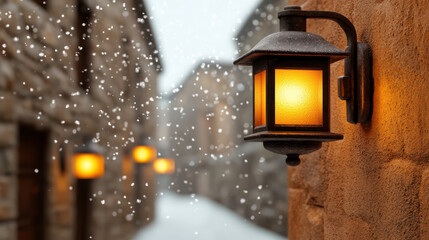 Warm lantern illuminates snowy street, creating cozy winter atmosphere