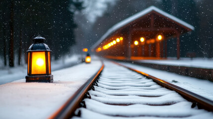 Serene old train station under snowfall, lanterns glowing warmly