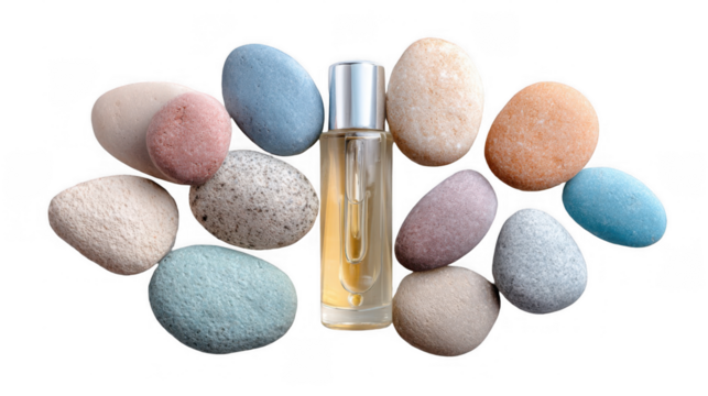 Floating above a collection of smooth, pastel colored stones, a transparent glass bottle of essential oil with a dropper cap creates a serene, natural aesthetic