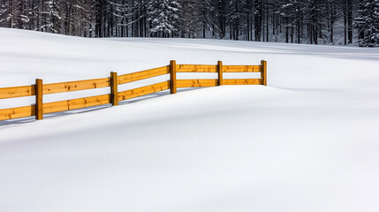 Serene snowy meadow with wooden fence, soft shadows create peaceful atmosphere