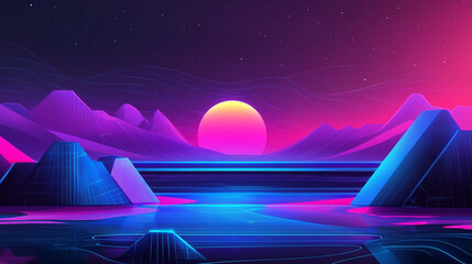 Abstract image of a round celestial body on the horizon. Illustration in blue, red and light blue tones for use in graphics, design and screensavers.