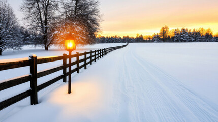 Serene snowy meadow with wooden fence and glowing lantern sunset, creating peaceful atmosphere