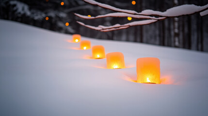 Serene winter scene with glowing candles in snow, creating warm ambiance
